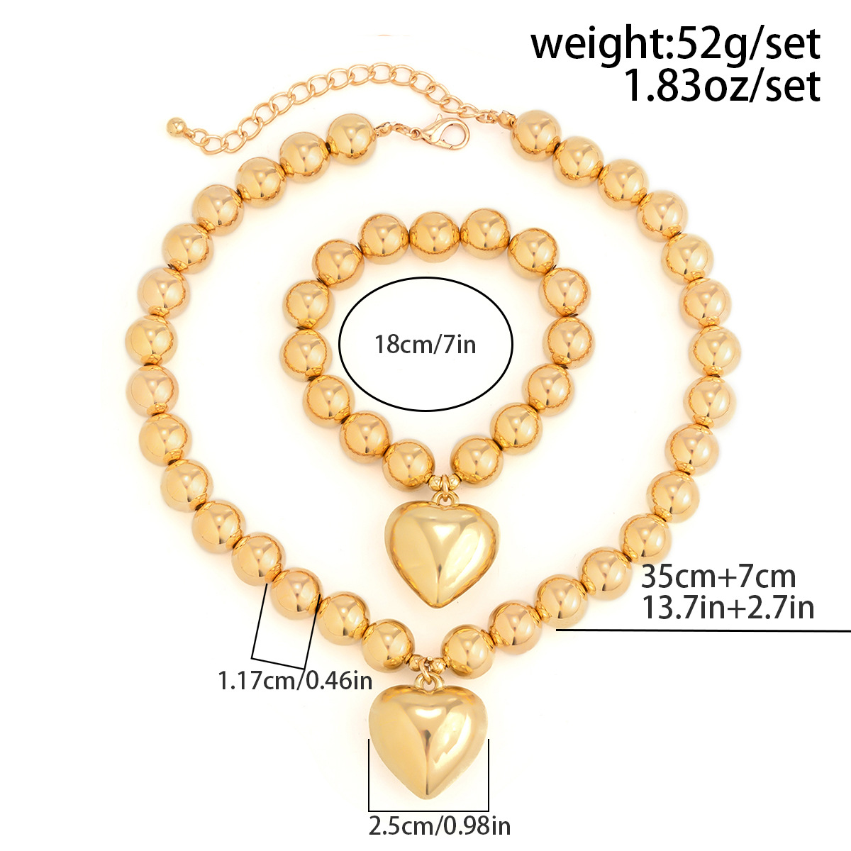Mojoyce 2pcs Elegant Imitation Pearl Heart Pendant Necklace Bracelet Set Women Metal Ball Beaded Chain Wedding Jewelry Sets Girls - Image 3