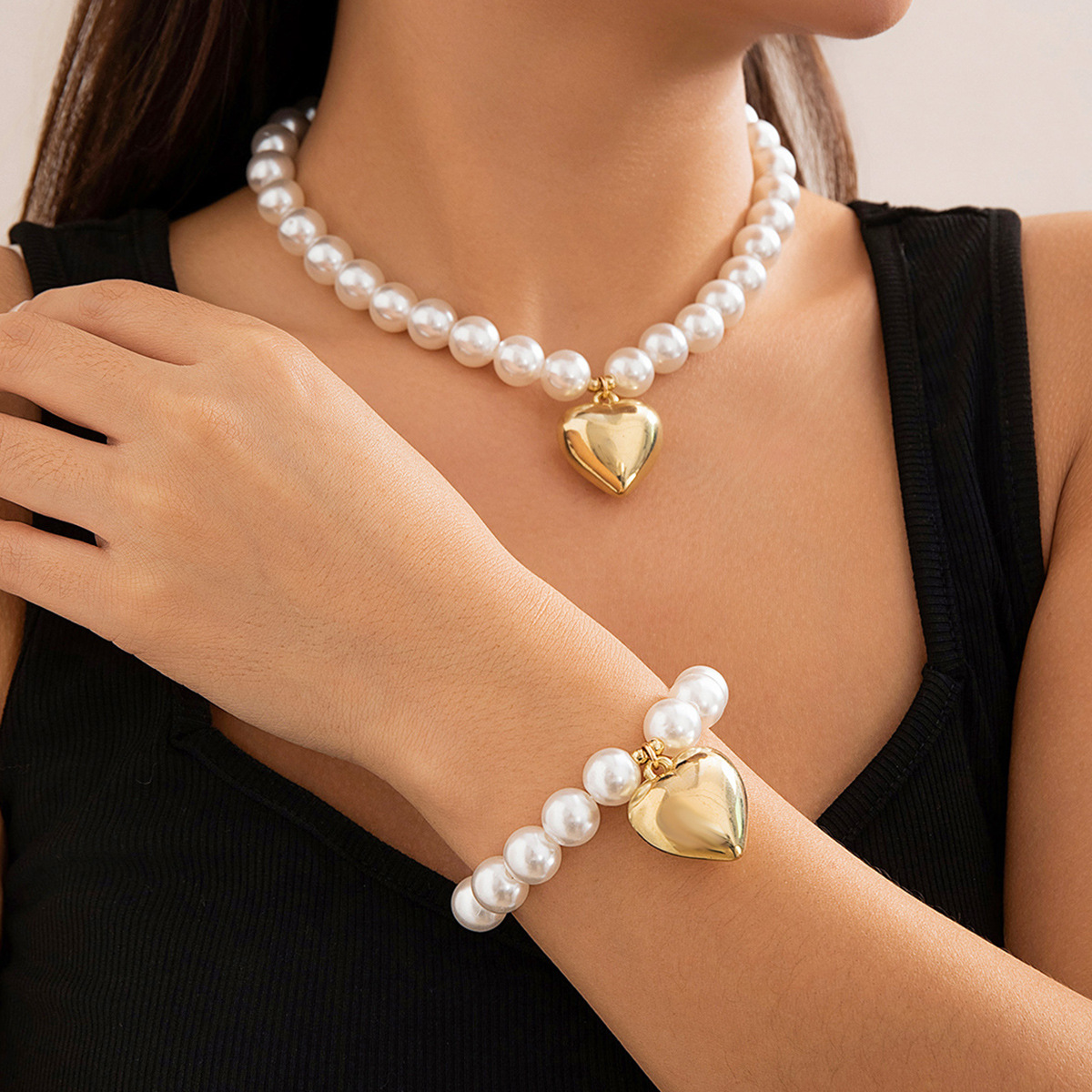 Mojoyce 2pcs Elegant Imitation Pearl Heart Pendant Necklace Bracelet Set Women Metal Ball Beaded Chain Wedding Jewelry Sets Girls