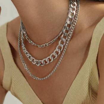 Mojoyce-Mother's Day Gift 3pcs/Set Punk Style SilveryChunky Chain Necklaces For Women, Multi-Layer Choker Necklace Suitable For Daily Wearce New