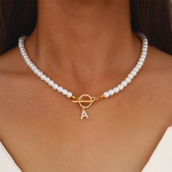 Mojoyce-Mother's Day Gift Plastic Pearl Chain Obuckle Necklace Set With Diamonds 26 Letter Pendant Collarbone Chain Name Necklace