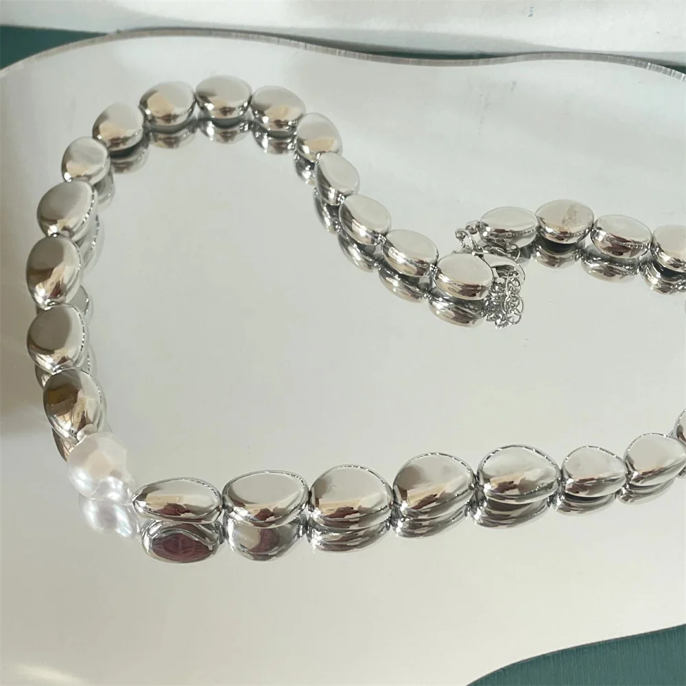 Mojoyce-Mother's Day Gift Vintage Silver-plate Geometric Exaggerated CCB Chain Necklace For Women Female Fashion Boho Artificial Pearl Y2K Jewelry Gift - Image 5