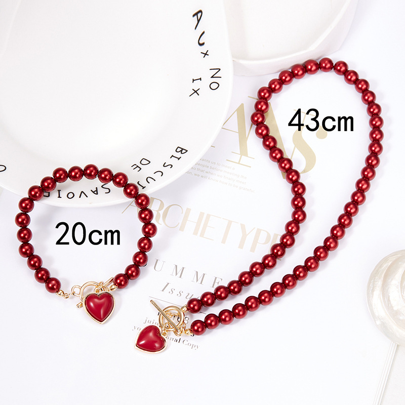 Mojoyce 2 PCS Sweet Imitation Pearl Red Heart Necklace Bracelet Set for Women African Beaded Party Wedding Jewelry Sets Gift - Image 4