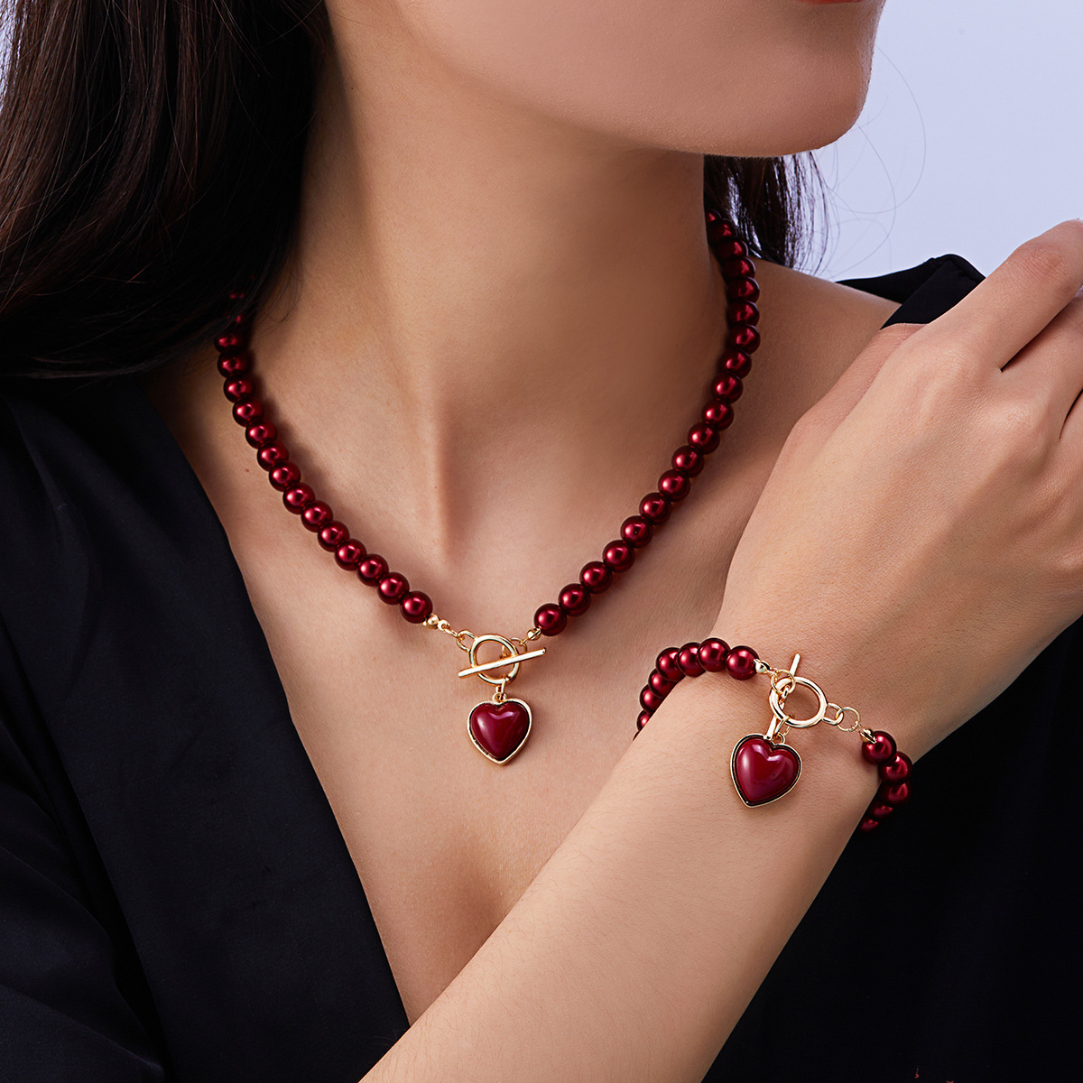 Mojoyce 2 PCS Sweet Imitation Pearl Red Heart Necklace Bracelet Set for Women African Beaded Party Wedding Jewelry Sets Gift