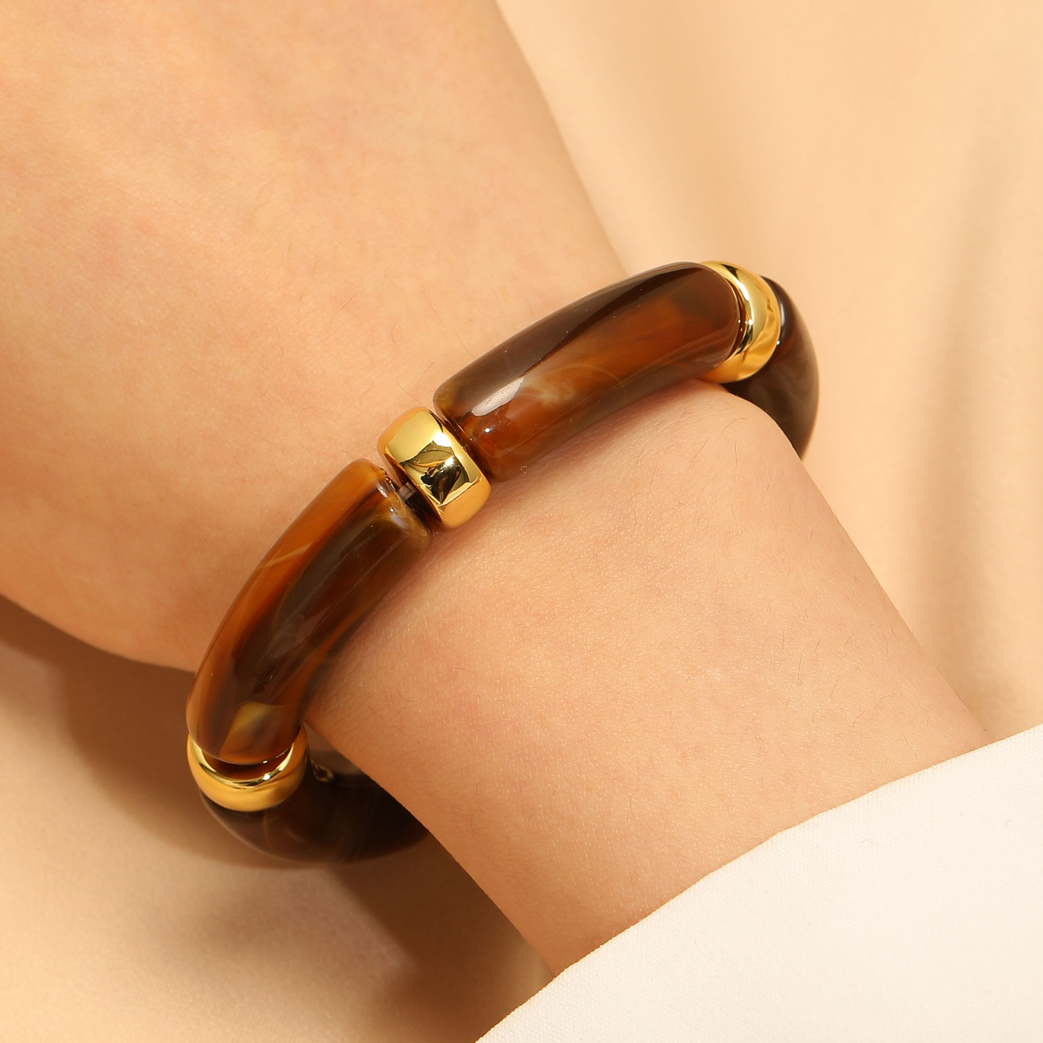 Mojoyce Fashion Acrylic Resin Amber Bamboo Bead Elastic Bracelet Bangles Tube Beads Handmake 2025 Trendy Designer Women Bracelets - Image 3