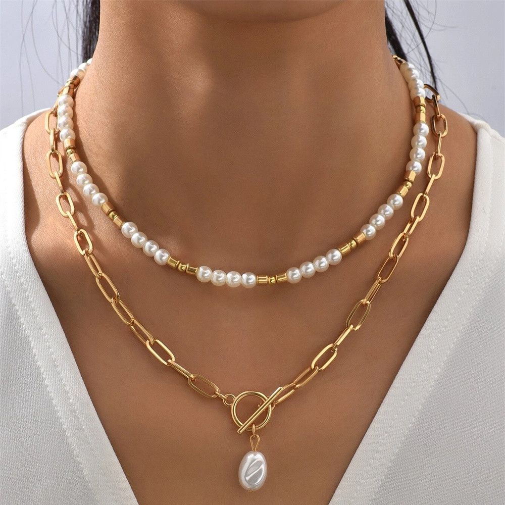 Mojoyce-Mother's Day Gift New Vintage Punk Metal Bead Chain Artificial Pearl Pendant Necklace For Women Boho Fashion Multilevel Jewelry Gift Wholesale