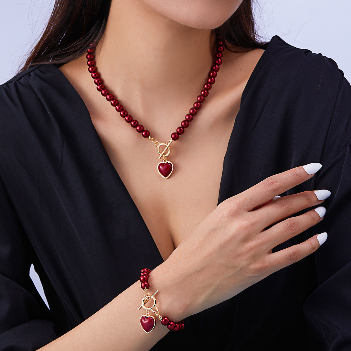 Mojoyce 2 PCS Sweet Imitation Pearl Red Heart Necklace Bracelet Set for Women African Beaded Party Wedding Jewelry Sets Gift - Image 2