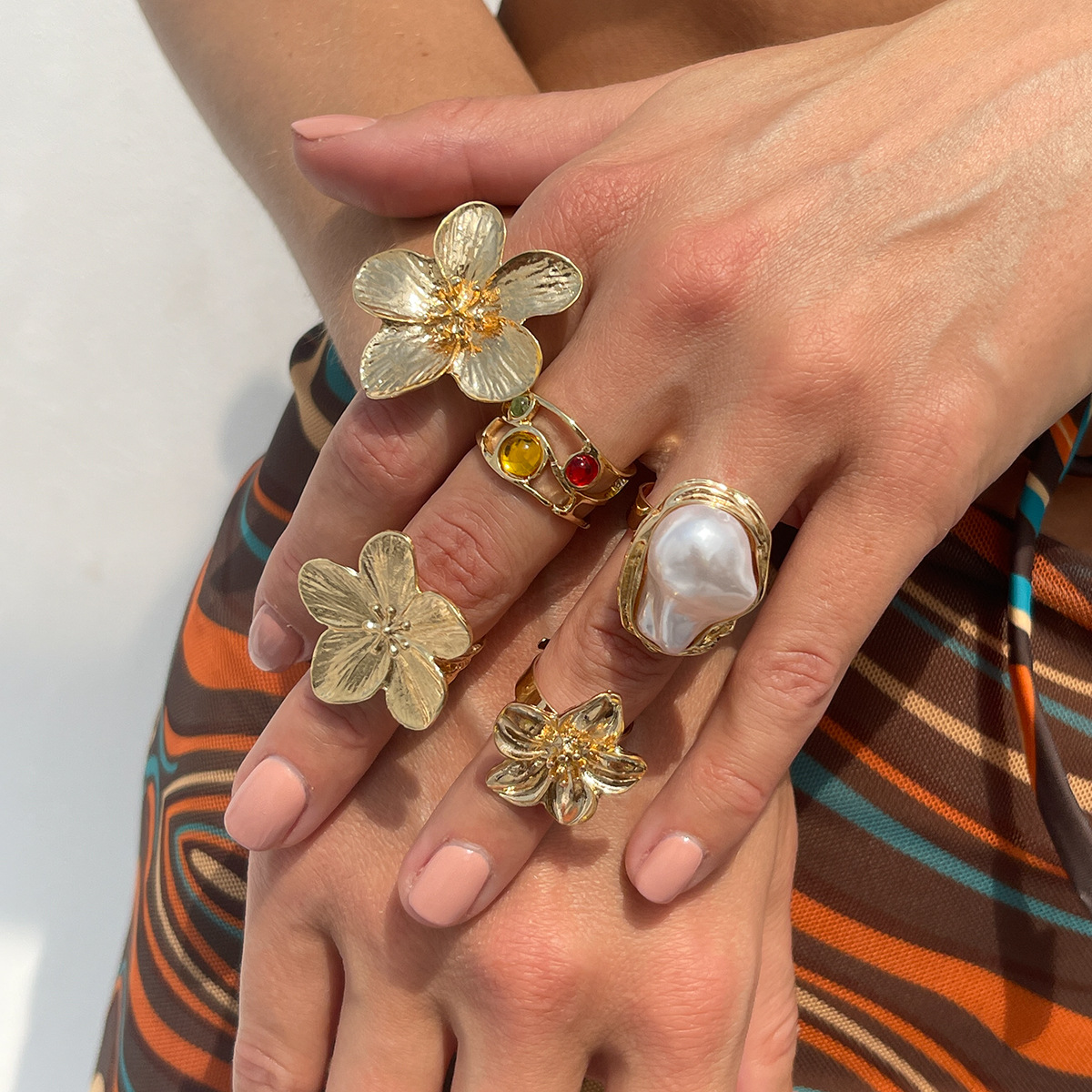 Mojoyce Vintage Gothic Flower Metal Rings Set for Women 2025 Trend Boho Imitation Pearl Open Ring Party Jewelry Accessories - Image 8
