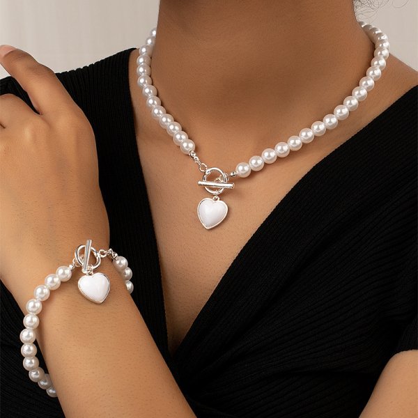 Mojoyce 2 PCS Sweet Imitation Pearl Red Heart Necklace Bracelet Set for Women African Beaded Party Wedding Jewelry Sets Gift - Image 5