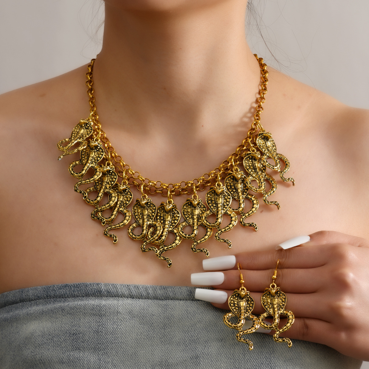 Mojoyce Vintage Ethnic Metal Snake Pendant Necklace Earrings Set for Women Multilayer Snake Turkish Gypsy Jewelry Sets Men Gift