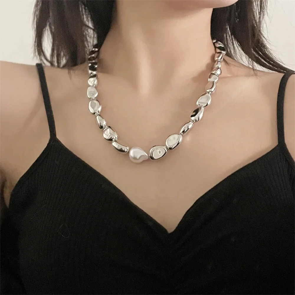 Mojoyce-Mother's Day Gift Vintage Silver-plate Geometric Exaggerated CCB Chain Necklace For Women Female Fashion Boho Artificial Pearl Y2K Jewelry Gift - Image 6