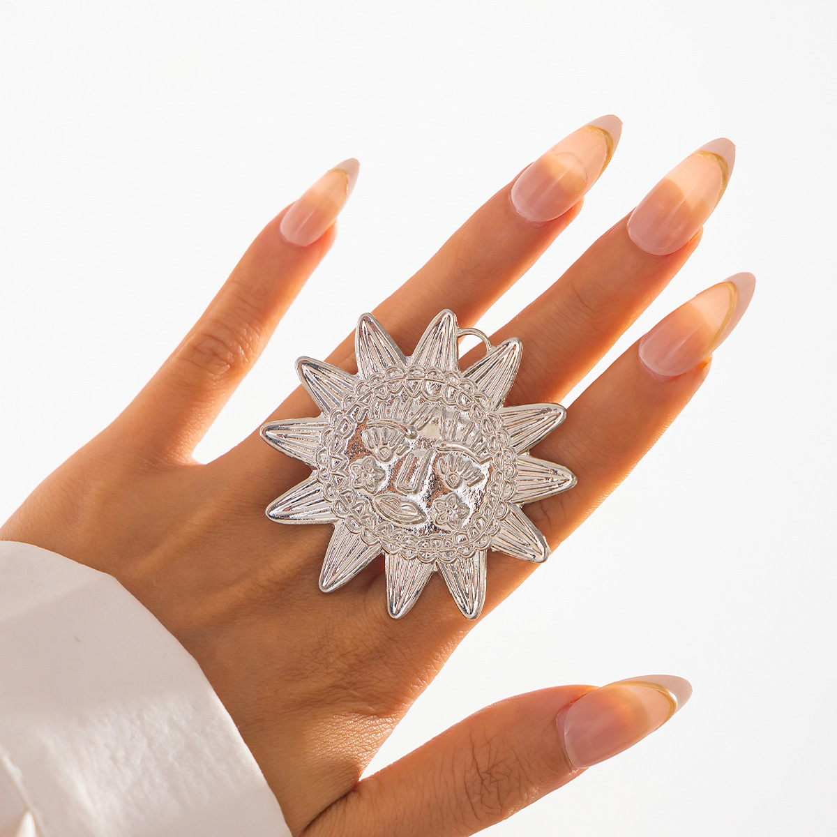 Mojoyce Punk Exaggerated Large Sunflower Moon Leaf Rings for Women Vintage Geometric Adjustable Pearl Finger Ring Grunge Jewelry - Image 9