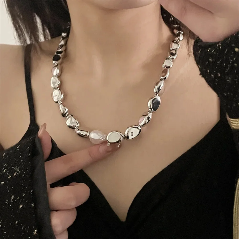 Mojoyce-Mother's Day Gift Vintage Silver-plate Geometric Exaggerated CCB Chain Necklace For Women Female Fashion Boho Artificial Pearl Y2K Jewelry Gift