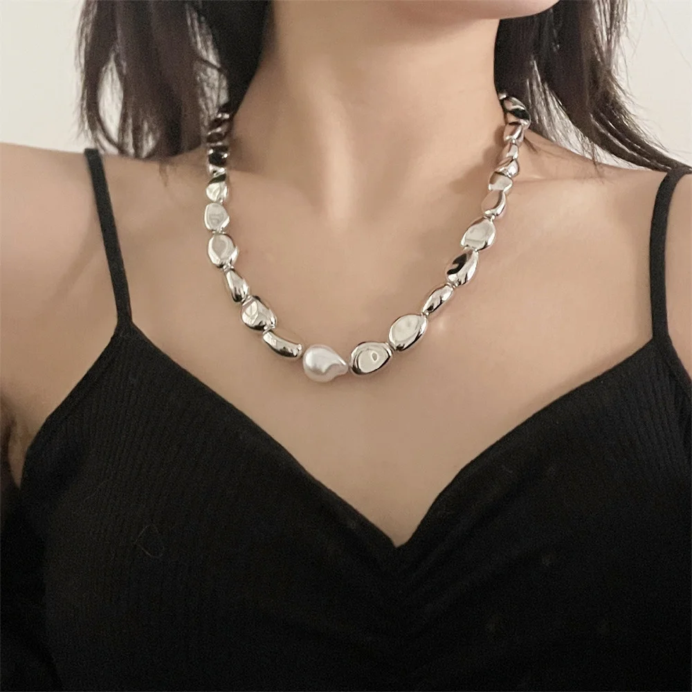 Mojoyce-Mother's Day Gift Vintage Silver-plate Geometric Exaggerated CCB Chain Necklace For Women Female Fashion Boho Artificial Pearl Y2K Jewelry Gift - Image 2