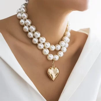 Mojoyce-Mother's Day Gift Boho Punk Large Imitation Pearl Chain Gold Color Metal Heart Pendant Necklace For Women Vintage Fashion Female Baroque Jewelry