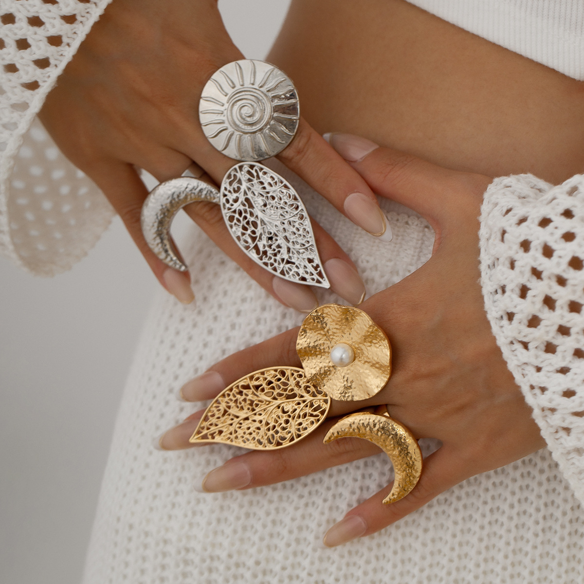 Mojoyce Punk Exaggerated Large Sunflower Moon Leaf Rings for Women Vintage Geometric Adjustable Pearl Finger Ring Grunge Jewelry - Image 2