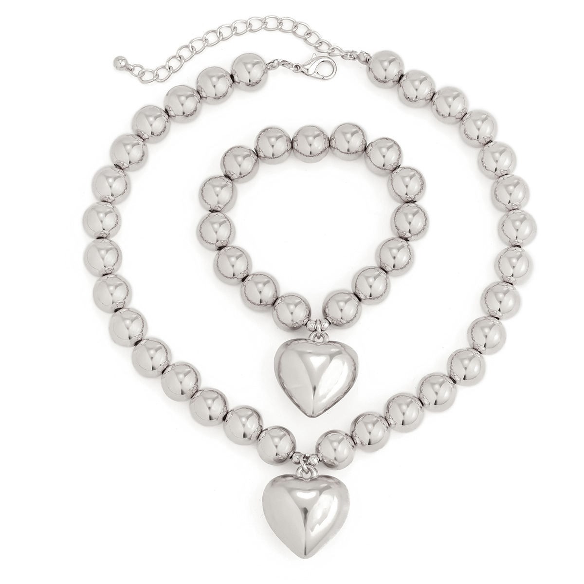 Mojoyce 2pcs Elegant Imitation Pearl Heart Pendant Necklace Bracelet Set Women Metal Ball Beaded Chain Wedding Jewelry Sets Girls - Image 5
