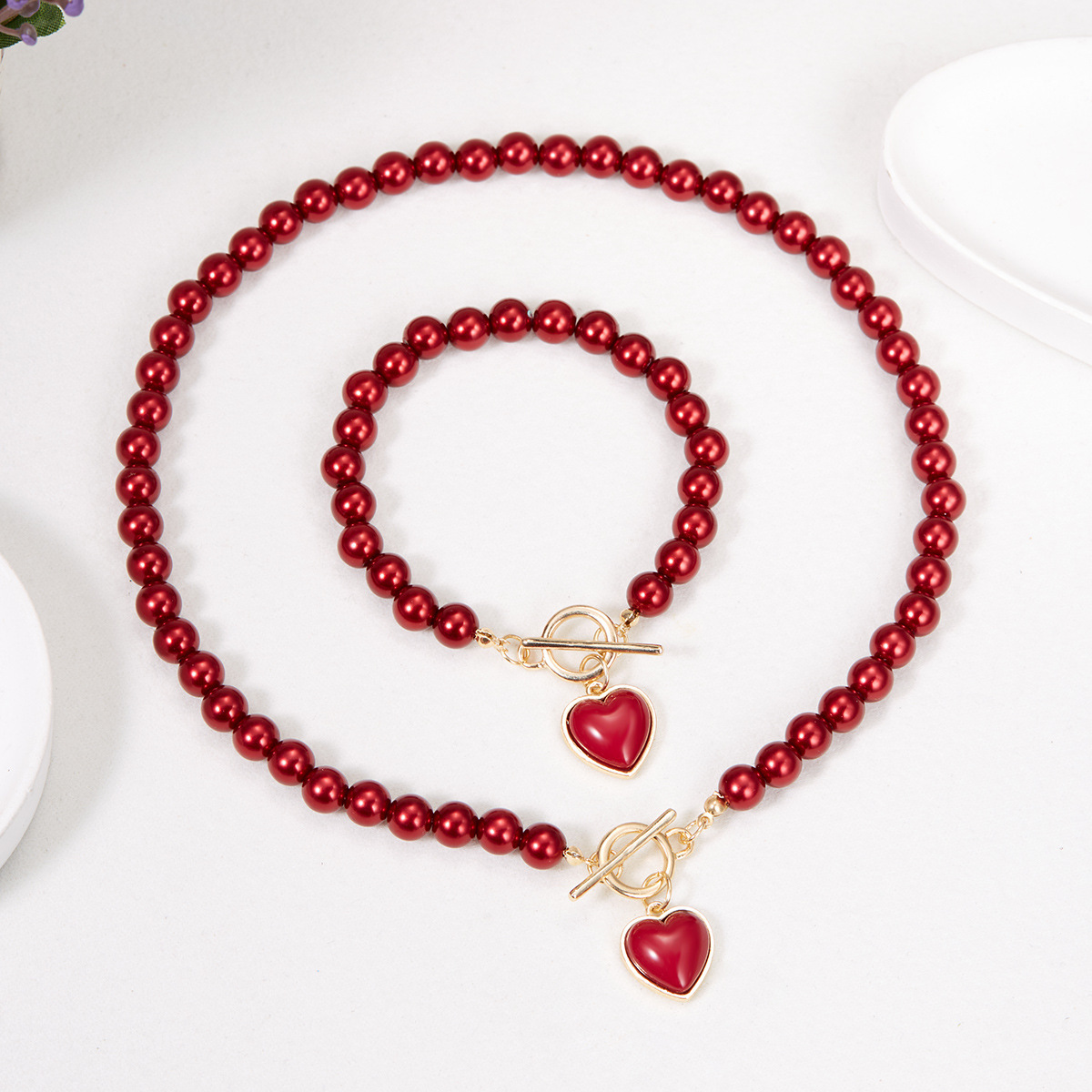 Mojoyce 2 PCS Sweet Imitation Pearl Red Heart Necklace Bracelet Set for Women African Beaded Party Wedding Jewelry Sets Gift - Image 3