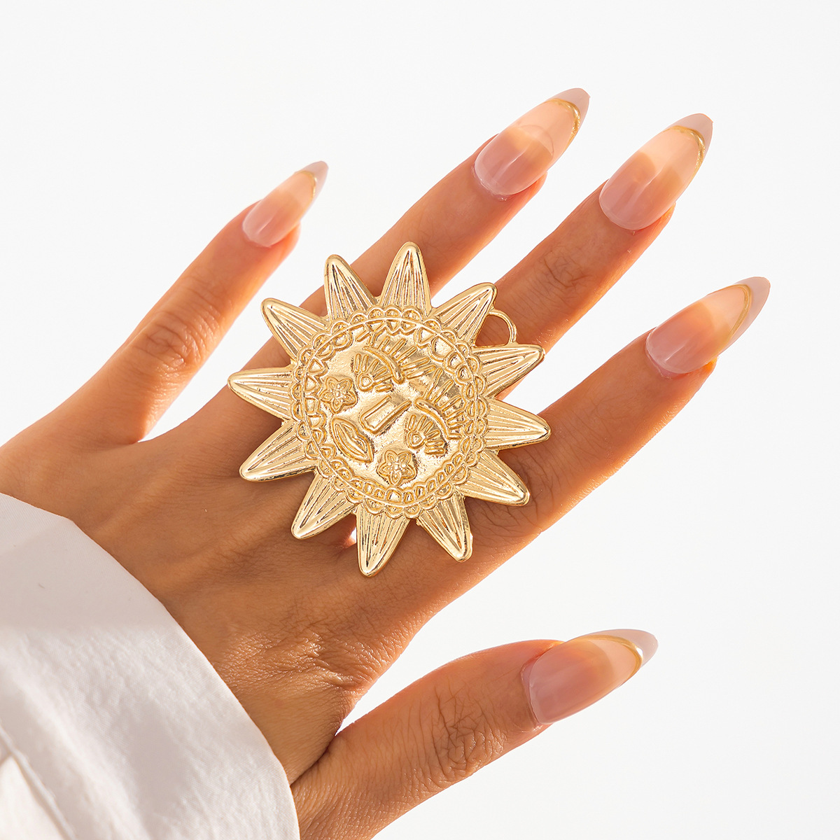 Mojoyce Punk Exaggerated Large Sunflower Moon Leaf Rings for Women Vintage Geometric Adjustable Pearl Finger Ring Grunge Jewelry - Image 8