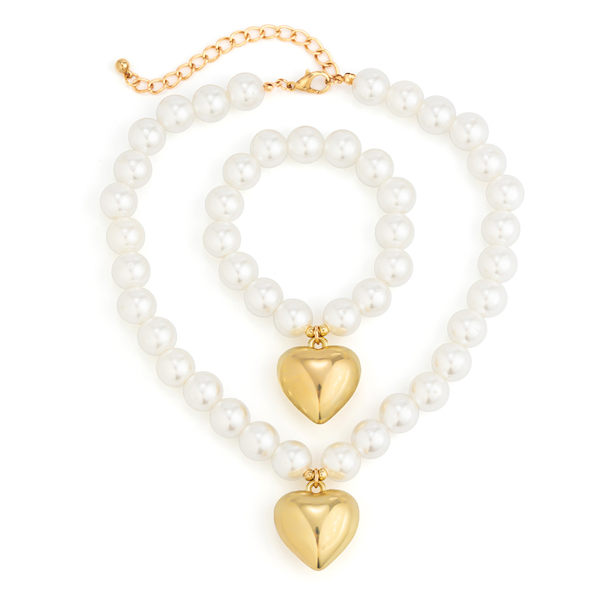 Mojoyce 2pcs Elegant Imitation Pearl Heart Pendant Necklace Bracelet Set Women Metal Ball Beaded Chain Wedding Jewelry Sets Girls - Image 4