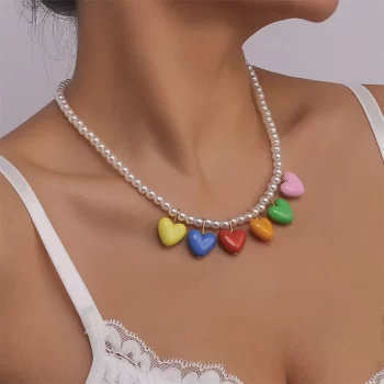 Mojoyce-Mother's Day Gift Fashion Colored Acrylic Heart-shaped Tassel Pendant Necklace For Women Female Boho Vintage Imitation Pearl Chain Jewelry Gift