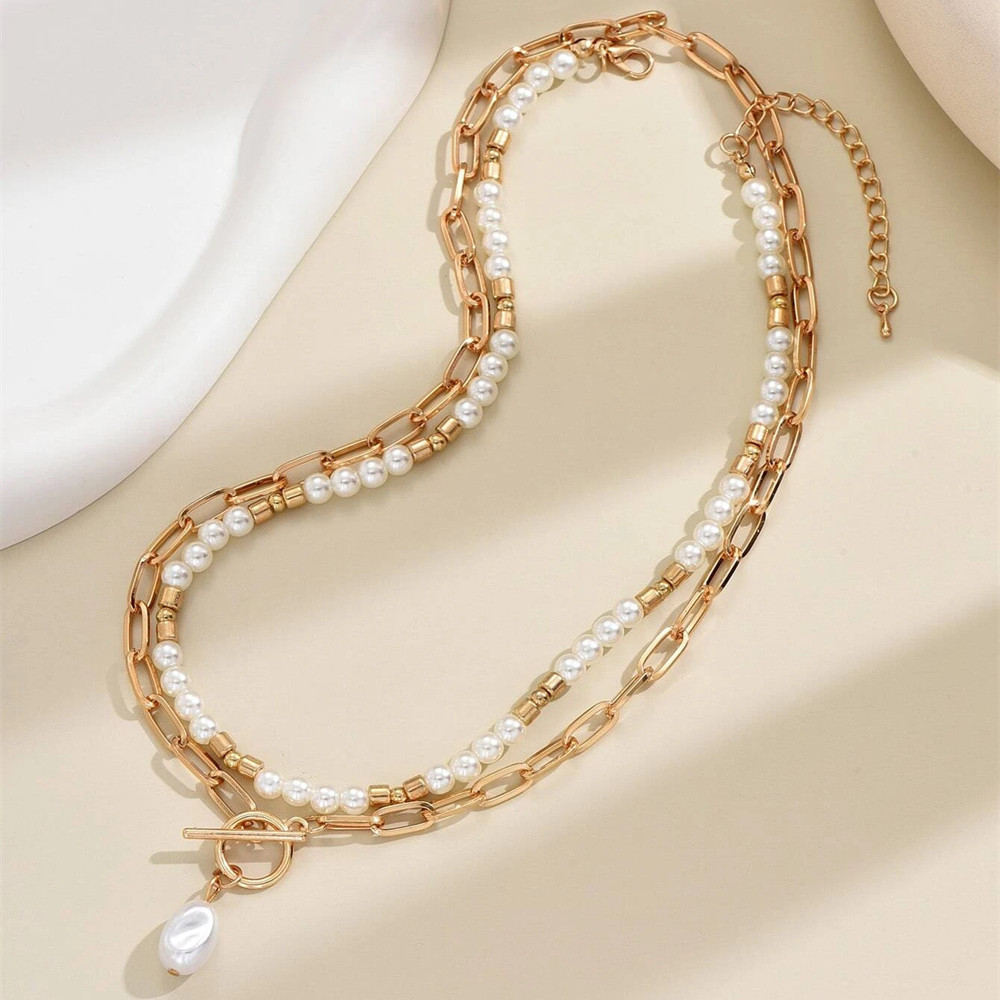Mojoyce-Mother's Day Gift New Vintage Punk Metal Bead Chain Artificial Pearl Pendant Necklace For Women Boho Fashion Multilevel Jewelry Gift Wholesale - Image 2