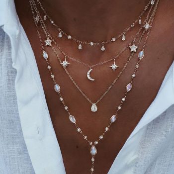 Mojoyce-Mother's Day Gift New Vintage Crystal Geometry Star Moon Lock Necklace For Women 2020 Boho Multi-level Pendants Necklaces Chokers Jewelry Gift