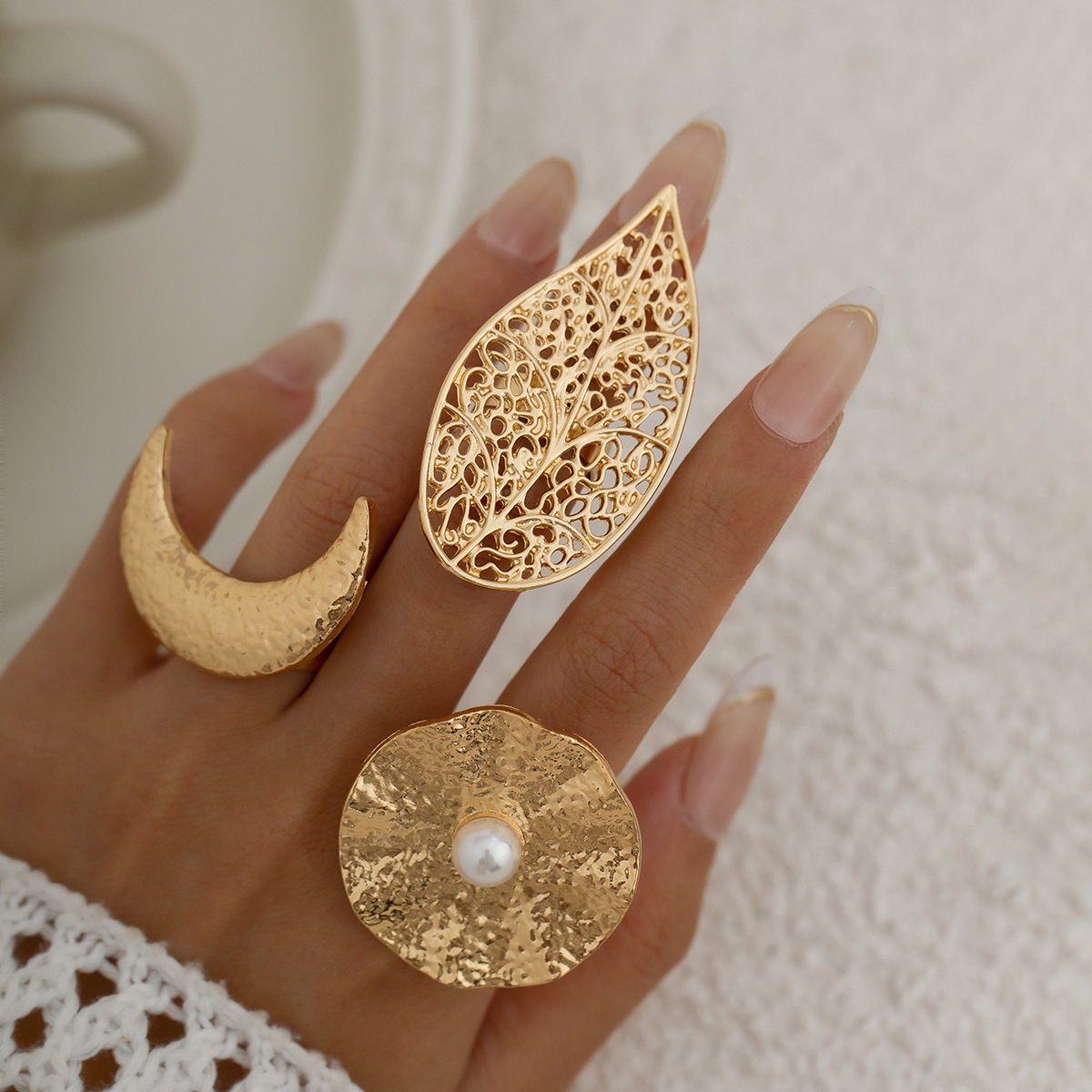 Mojoyce Punk Exaggerated Large Sunflower Moon Leaf Rings for Women Vintage Geometric Adjustable Pearl Finger Ring Grunge Jewelry - Image 3