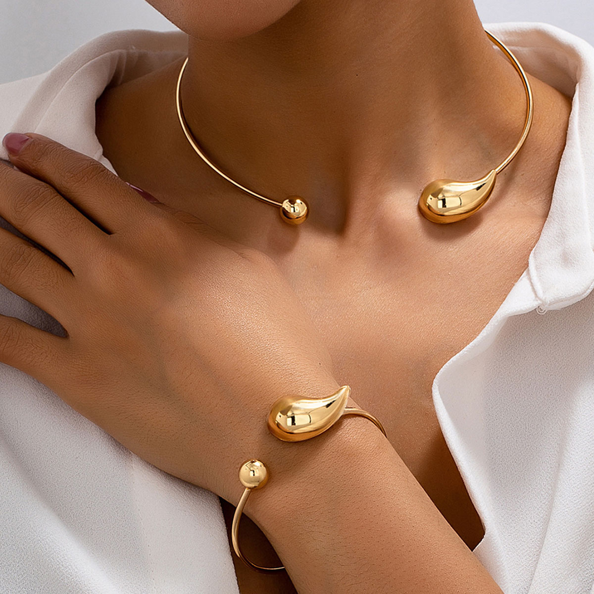 Mojoyce Punk Gold Color Water Drop Torques Choker Necklace Open Cuff Bangle Set for Women Hip Hop Metal Party Grunge Jewelry Sets - Image 5